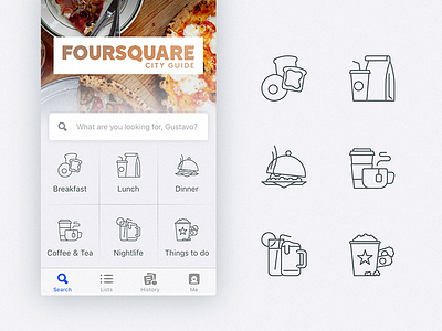 Foursquare Home Screen Icons breakfast coffee food foursquare iconography icons lunch meal movies redesign
