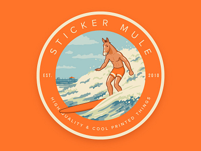 Sticker Mule Surf Badge badge beach california huntington illustration man mule pier sea sticker surf waves
