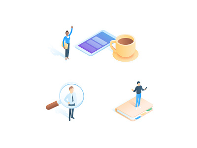 People & Jobs coffee contact cup gradient hero illustration isometric jobs magnifier people phone