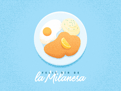 Feliz día de la Milanesa egg food grain illustration lemon mashed milanesa plate potatoes