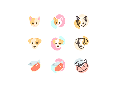Pets Icons cat cute dog fish food geometric iconography icons illustration kitty meat puppy