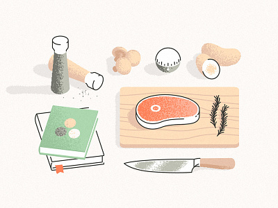 Foodie beef book chef food grain knife light meat pepper potato salt shadow table wood
