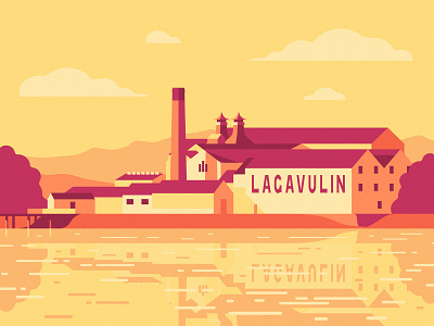 Lagavulin Distillery, please and thank you. building clouds distillery drink factory flat illustration lagavulin light parks and recreation reflection scotch scotland sun sunrise sunset water whisky