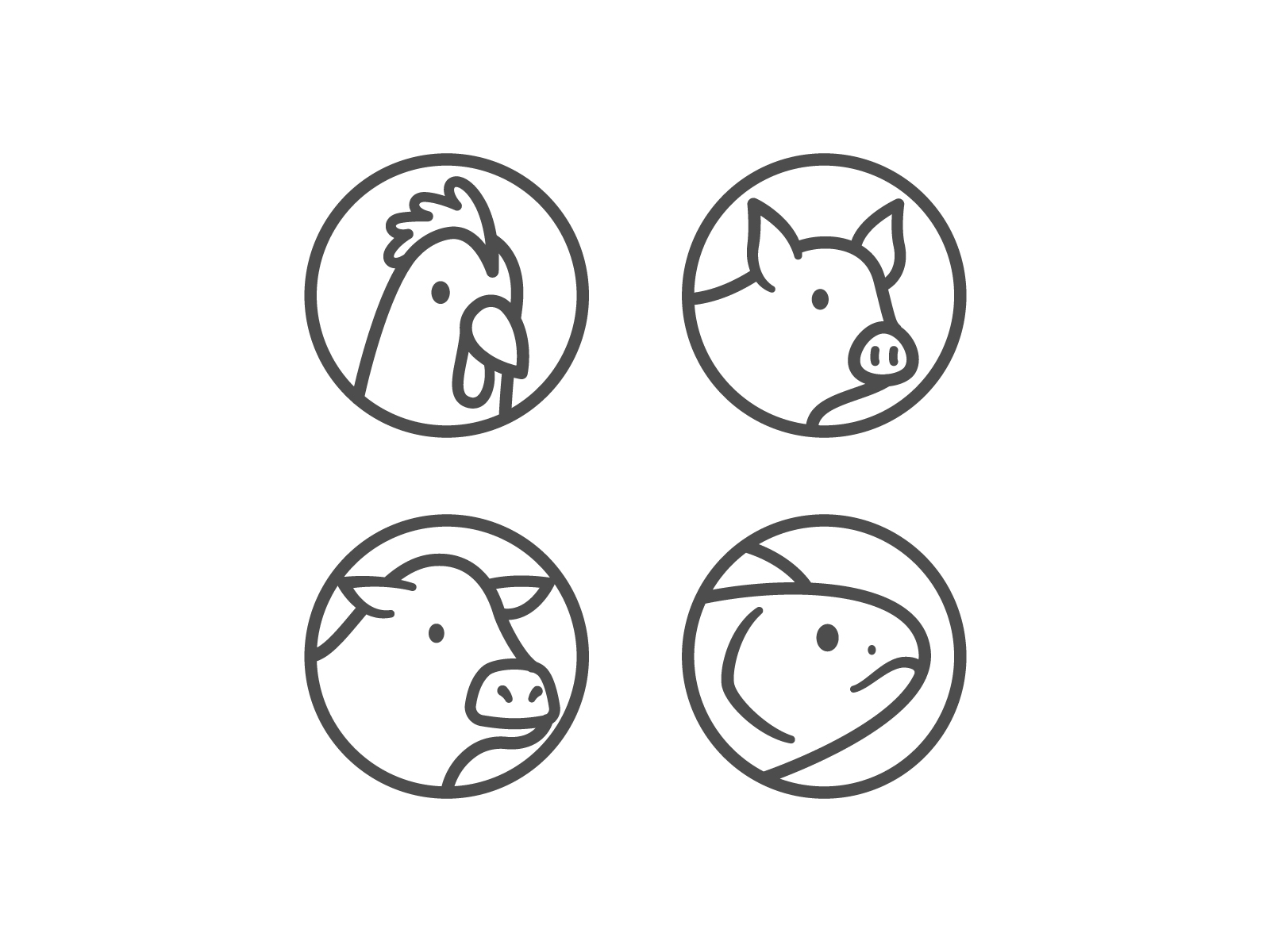 Animals simple face circle stroke line iconography icon fish pig cow chicken