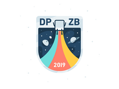 DPZB19 badge brand cube illustration logo mascot patch pixel planet shield space stars sticker