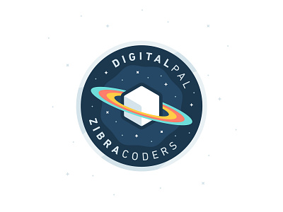 DigitalPal + Zibra Coders badge circle cube galaxy illustration patch planet space square stars