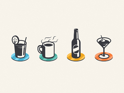 Drinks & Coasters beer bottle coaster cocktail coffee drink fresh icon iconography illustration light martini retro shadow tea vintage