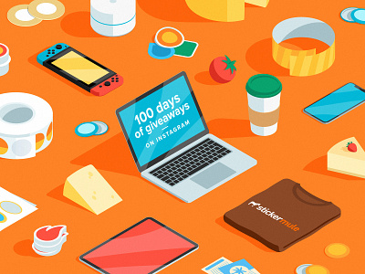 100 days of giveaways cheese food free gift giveaway illustration instagram ipad iphone isometric macbook sticker switch