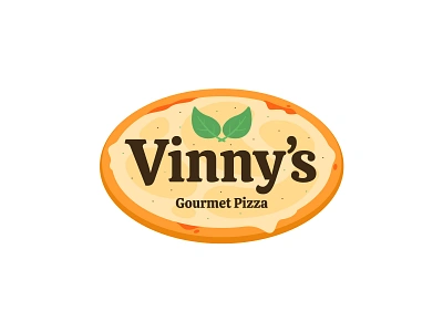 Vinny's Gourmet Pizza basil brand branding cheese flat food illustration italy logo mule oval pizza simple sticker