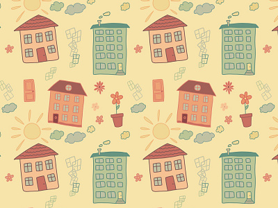 Sunny town seamless pattern city drawing house pattern procreate seamless pattern town