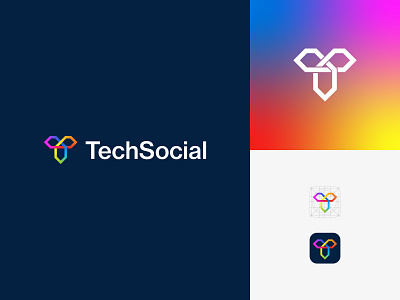 TechSocial Logo 2021 blockchain branding brandinglogo clean design freelancer gradient illustration letter t logo meta modern nft popular simple tech ui unique visual