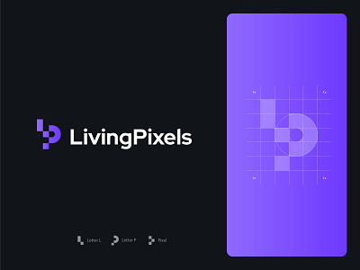 LivingPixels Logo 2021 app branding clean design gradient illustration letter l letter p logo modern nft pixels popular simple start up studio ui unicorn unique