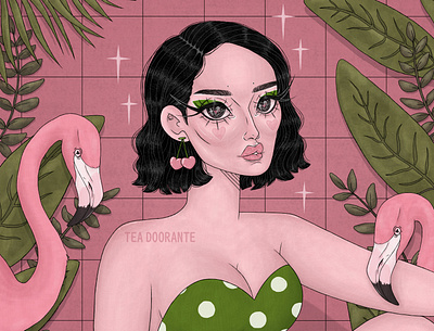 Heatwave bathing suit beach body positivity cute art digital 2d digital illustration editorial fashion fashion flamingos illustration kawaii makeup pink plants pool portrait portrait art stylized summer tea doorante