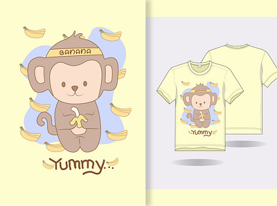 hand draw cute banana monkey with t shirt design animation art branding design flat illustration tshirt vector