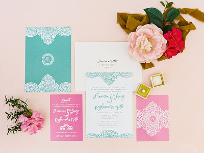Modern Indian Wedding Invitations envelope henna invitations invites pink stationery teal wedding