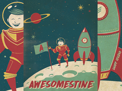A is for Awesomestine - Full astronaut grunge illustration rocket space texture vintage
