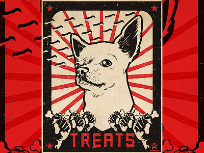 TREATS - Full bold communist dog illustration poster propaganda screen soviet texture treat