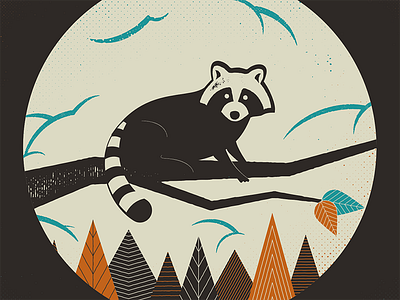 Raccoon branch clouds geometric grunge halftone illustration leaves raccoon simple texture tress