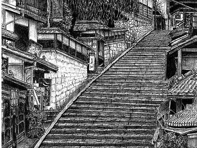 Higashiyama district Kyoto Japan art artist artwork background ball pen ballpoint pen black and white city city illustration cityscape drawing illustration japan japanese art sketch sketching stairways traditional traditional art traditional drawing