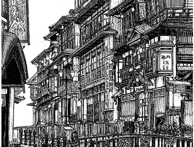 Ginzan Onsen yamagata Japan art artist artwork background black and white city drawing illustration ink ink art ink drawing ink illustration ink on paper ink pen micron pen pen and ink print prints traditional wall decor