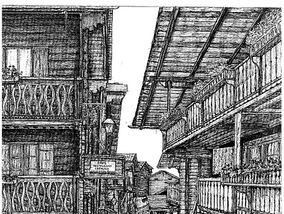 Wooden houses from The Alpine village art artist artwork background black and white drawing illustration ink pen and ink print prints sketch switzerland traditional traditional art traditional drawing village wall art wall decor