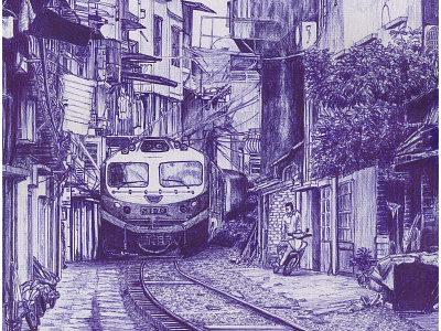 Hanoi Train Street Vietnam art artist artwork ballpoint ballpoint pen blue city drawing hand drawn illustration pen art pen drawing prints sketch traditional traditional art traditional drawing train urban urban art