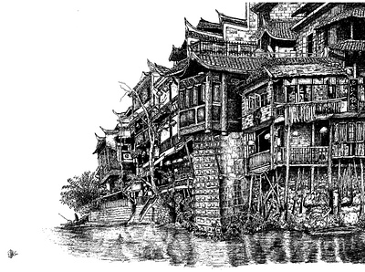 Old houses in Fenghuang county in Hunan China art artist artwork black and white china city drawing illustration ink ink art ink drawing pen and ink print prints sketch traditional traditional art traditional drawing village wall decor