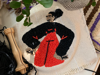 Embroidered illustration attitude black body character characterdesign colors design diy embroidered embroidered patch embroidery illustration leaves orange pattern punch needle woman wool yarn