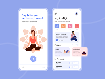 Meditation App anxiety app design illustration interaction meditation meditation app mobile app self care sleep ui ui ux yoga