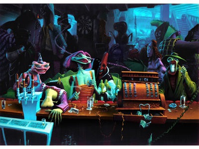 Alien Bar aliens characters science fiction traditional painting