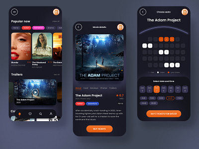 Cinema App app cinema dark design mobile movie ticket ui ui design ux ux design
