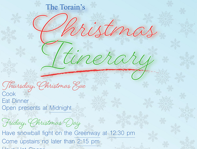 Christmas Itinerary (Cropped) adobe adobe illustrator blue christmas christmas itinerary green itinerary red script snowflakes text