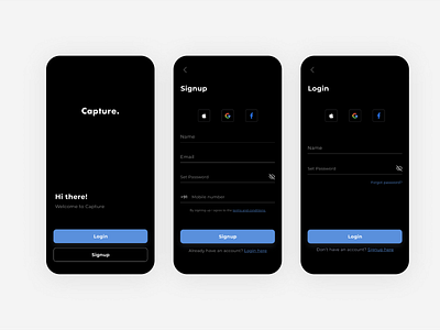 Onboarding Screen - Dark Mode account camera dark mode email forget password ios login screen app minimal onboarding password signup ux welcome page