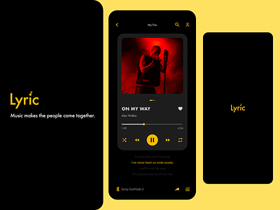 Lyrical Music App application artist beats clean dark mode lyrics minimal sound mobile interface mobile version music music player app play playlist profile songs sound ux ui yellow