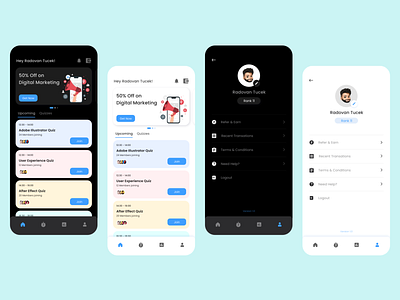 Quiz Mobile App UI adobe card clean darkmode design design courses digital illustrations layout learning light color light mode marketing members mobile quiz offer online mobile profile quiz uxui