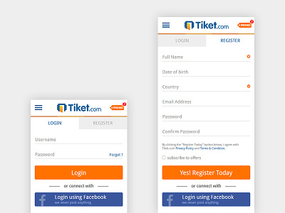 TIket.com Mobile Web Login / Register Page