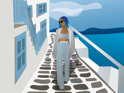 Blues in Mykonos adobe art blue bussines debut design flat girl graphic greece illustration illustrator invitation mykonos new simple summer white woman