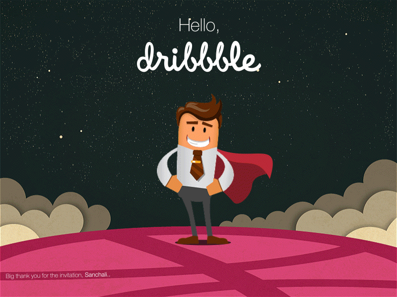 Debut Shot - Hello Dribbble cloud confetti debut shot first shot hello hero party smile space super man thank welcome