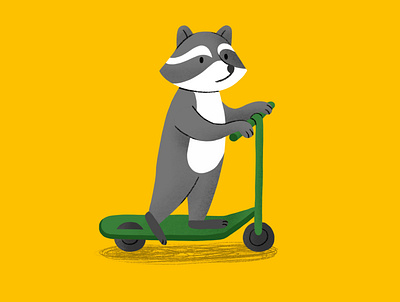 Racoon scooter book illustration character children illustration cute funny animal illustration racoon stationary