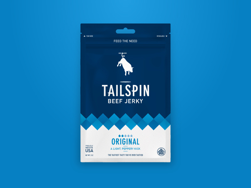 Tailspin Jerky - Original package design packaging logo identity cow bull flying spin tailspin jerky beef jerky branding