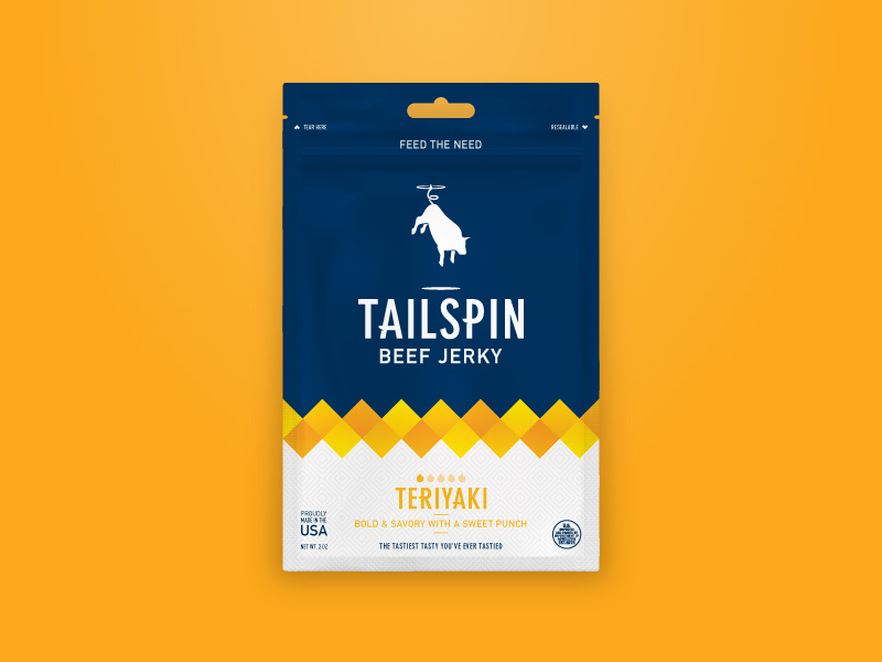 Tailspin Jerky - Teriyaki teriyaki package design packaging identity cow bull flying spin tailspin jerky beef jerky branding