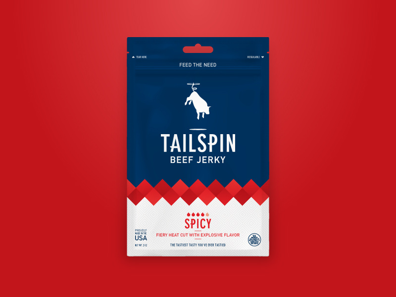 Tailspin Jerky - Spicy spicy package design packaging identity cow bull flying spin tailspin jerky beef jerky branding