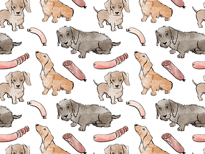 Sausages and Sausage Dogs dachshund dog illustration pattern tile watercolor