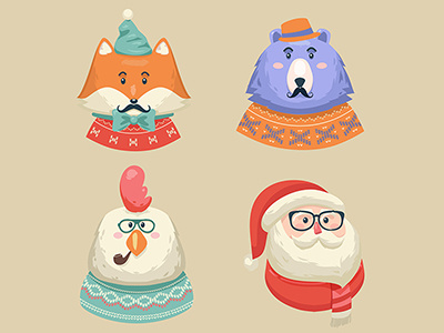 Hipster christmas animals character christmas claus cock cute fox hipster icon illustration santa vector