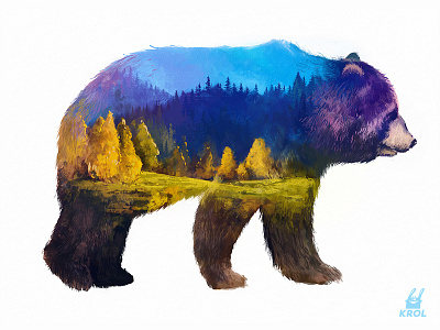 Double Exposure Grizzly 2d animal autumn bear character cute double doubleexposure exposure forest grizzly illustration morqua morquastore nature print summer tiger