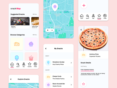Snack Map app design flat food graphic design illustration illustrator minimal mobile snacks ui vector