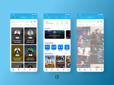 Home page design of E-Sporthub app design app ui blue design clean design clean ui game app gamers gradient home screen homepage design homescreen livestream livestreaming search results sport app sports app sports design sports logo ui design ux design