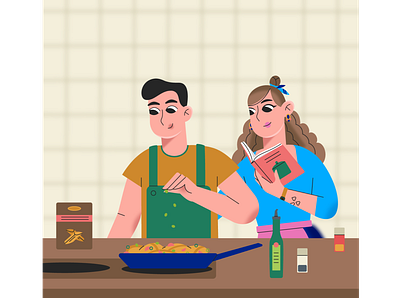 Cooking boy brand character design cooking couple game girl illustration kitchen pasta vector