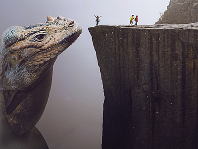 Hungry behind cliff dragon eat fantasy food giant godzilla lizard lunch monster people photo manipulation photoshop photoshop art surreal surrealism