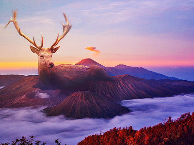 Sunrise deer fantasy giant landscape morning mountain photo manipulation photoshop photoshopart spirit spiritual sunrise surreal surrealism titan